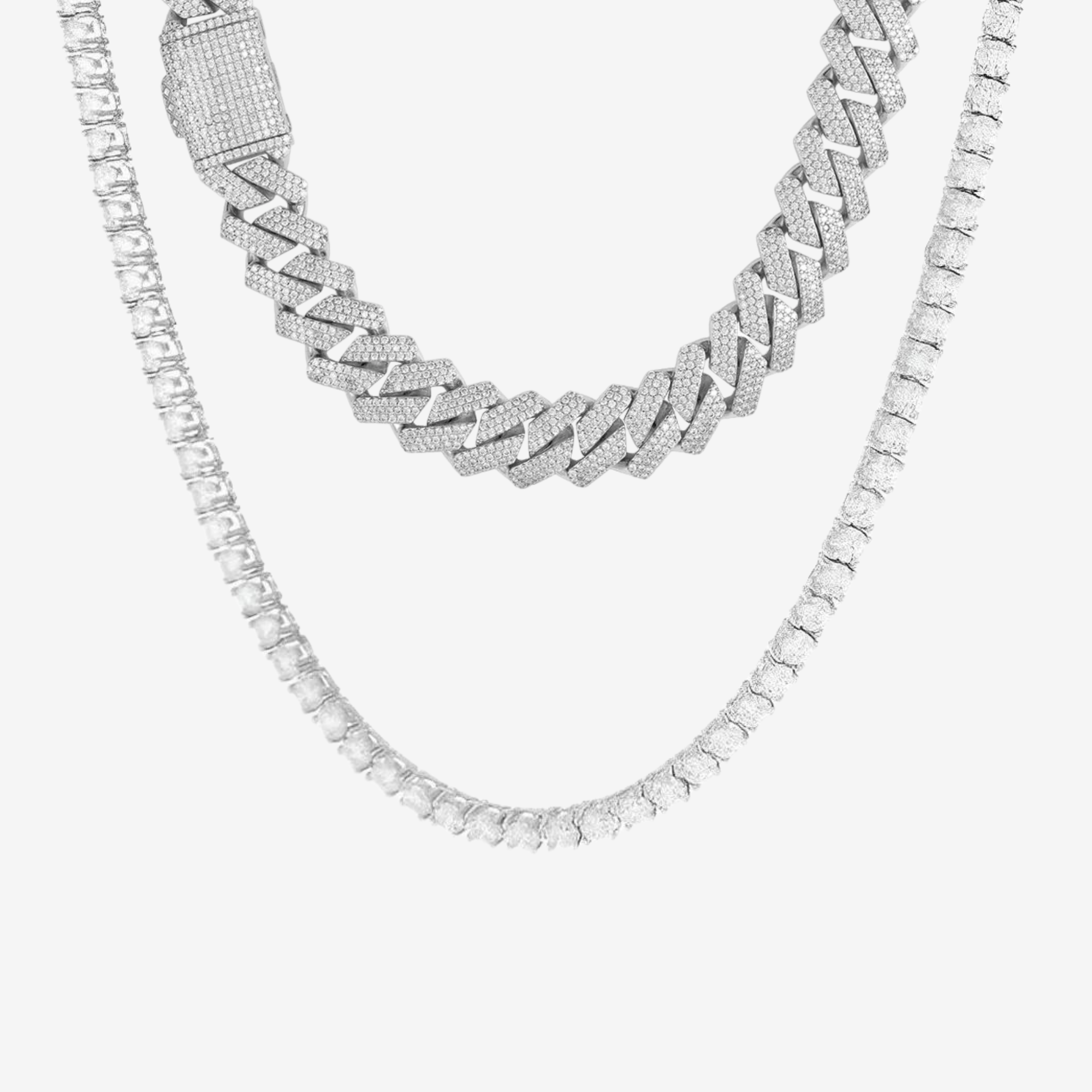 Hillenic Silver Cuban & Tennis Chain Bundle, BUNDLE INCLUDES 19mm SILVER Cuban Link Chain + SILVER TENNIS CHAIN
