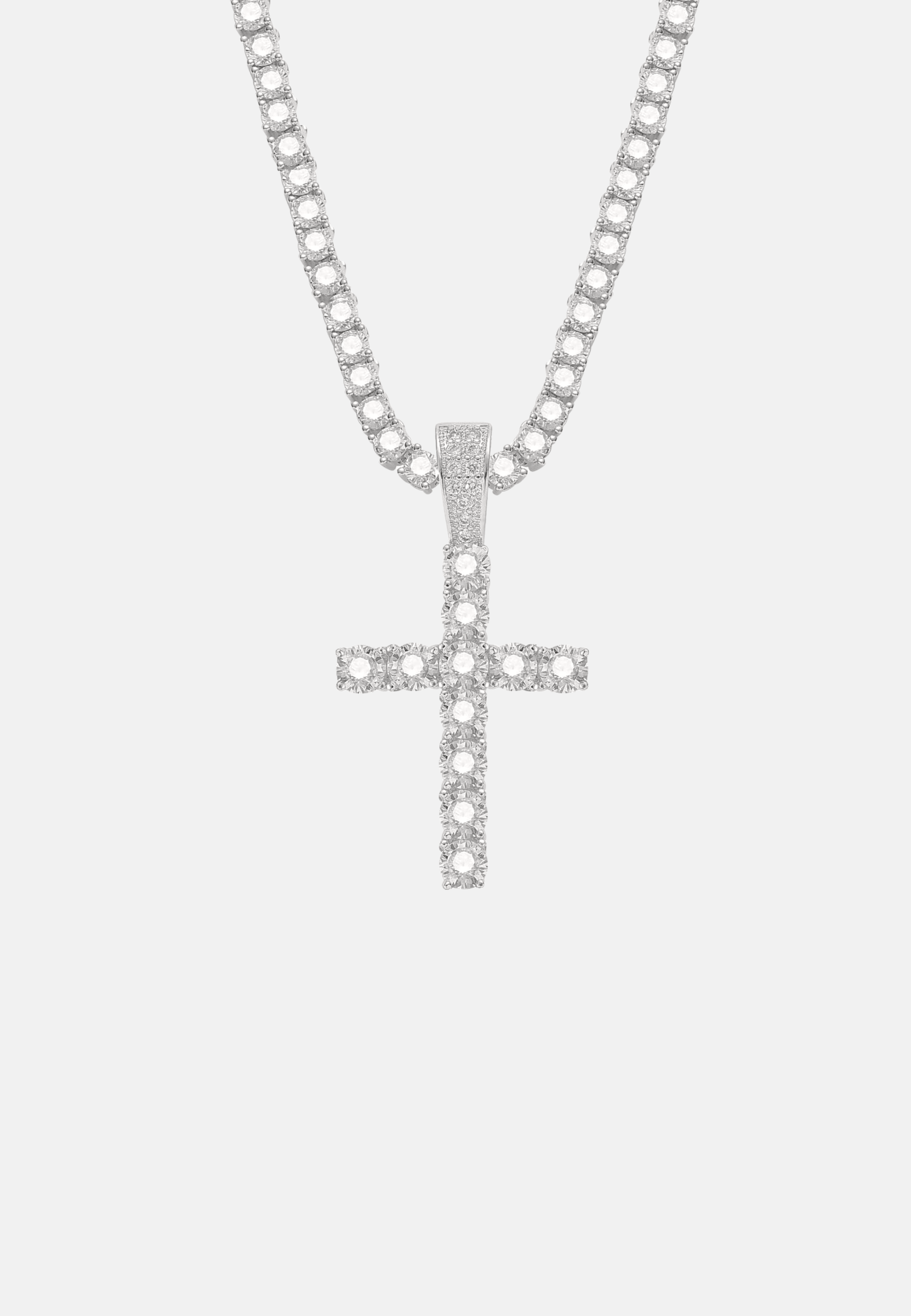 Hillenic Silver Iced Tennis Cross Pendant with 4mm Tennis Chain