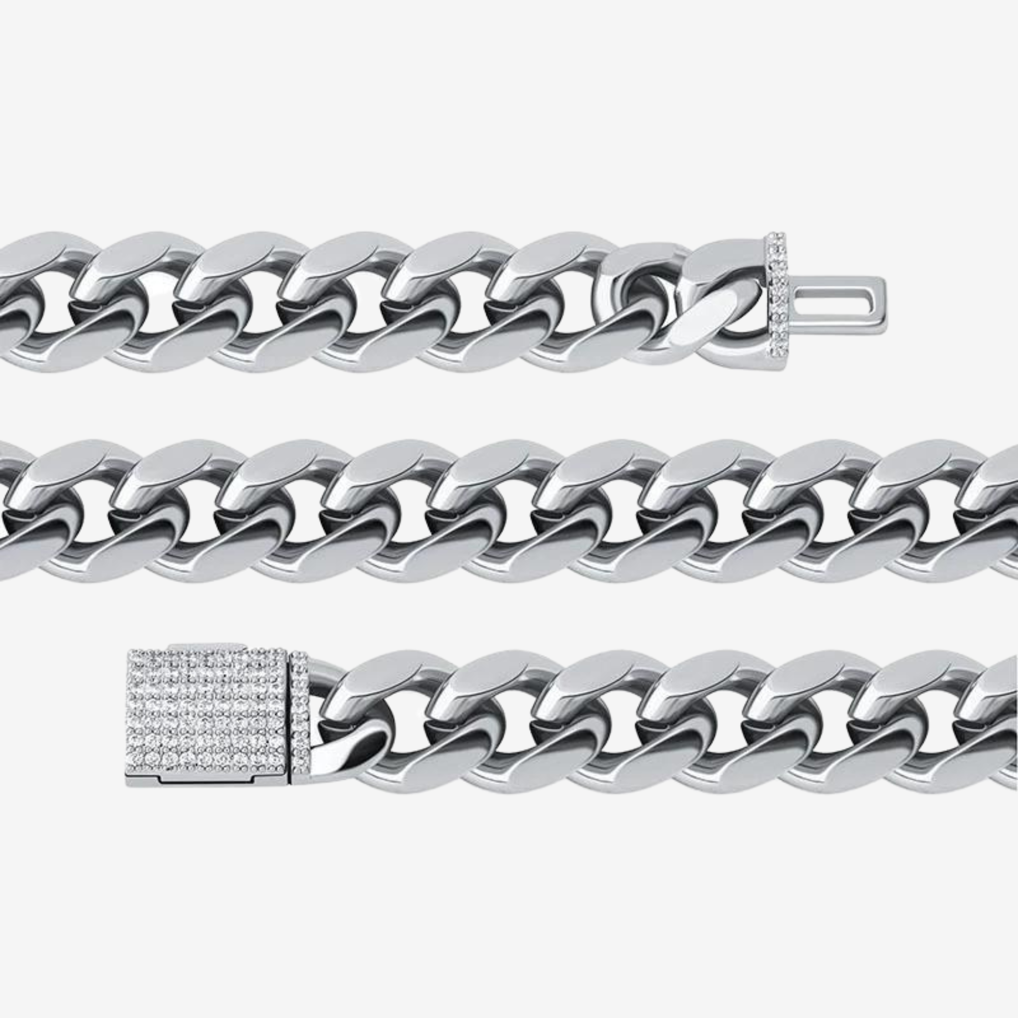 Hillenic Silver Classic 14K Cuban Link Chain + Silver 10mm Stainless Steel Classic Cuban Link Bracelet Clasp Close-up