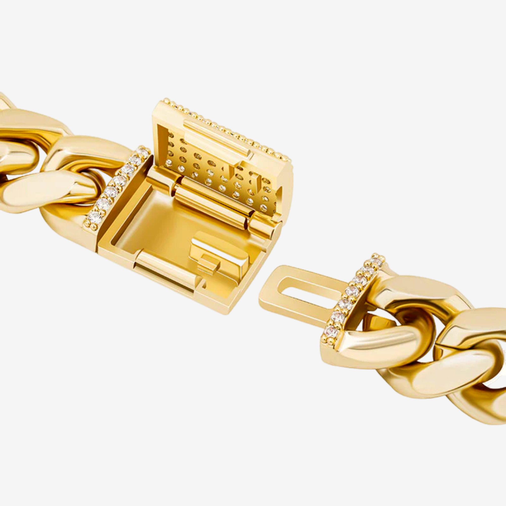 Close-up of Hillenic 14K gold Cuban link chain + 10mm stainless steel Cuban link bracelet Clasp