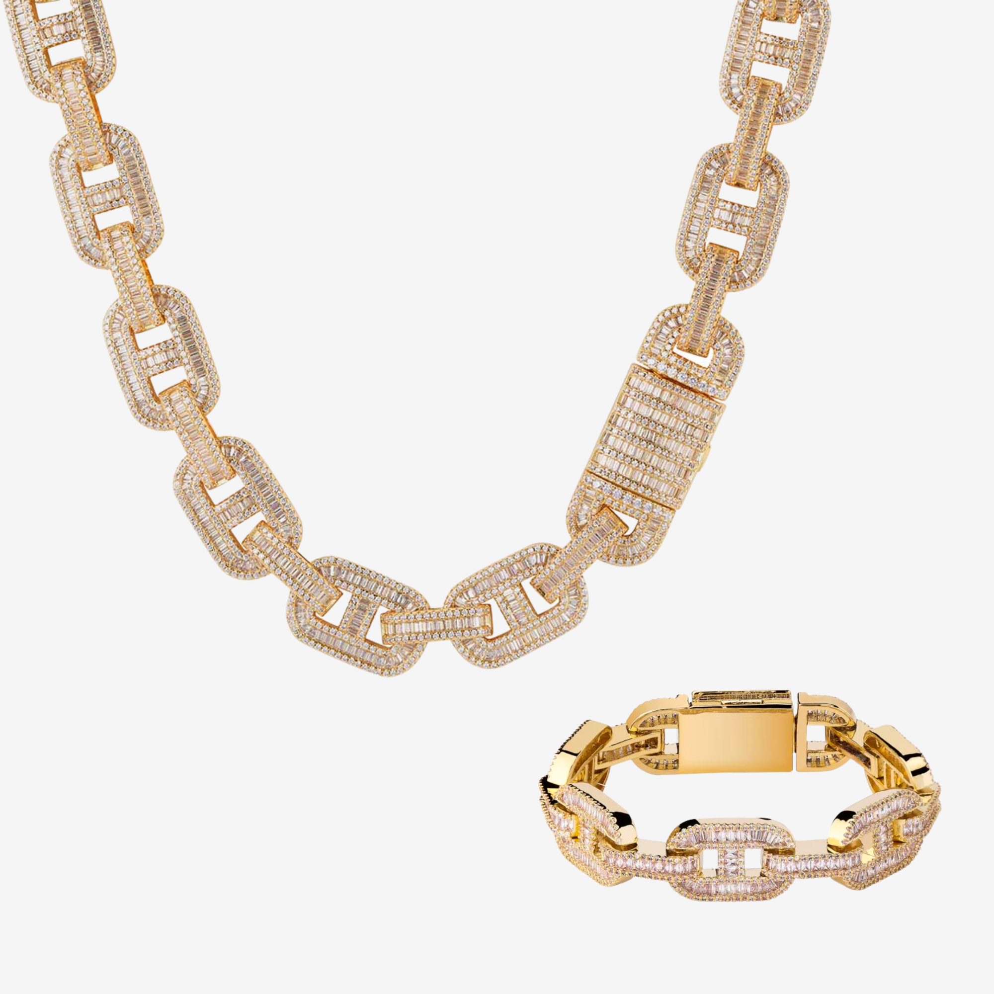 Hillenic Gold Pig Nose Bundle, Gold 15mm Pig Nose Chain + Gold classic Pig Nose Bracelet, Mens chains