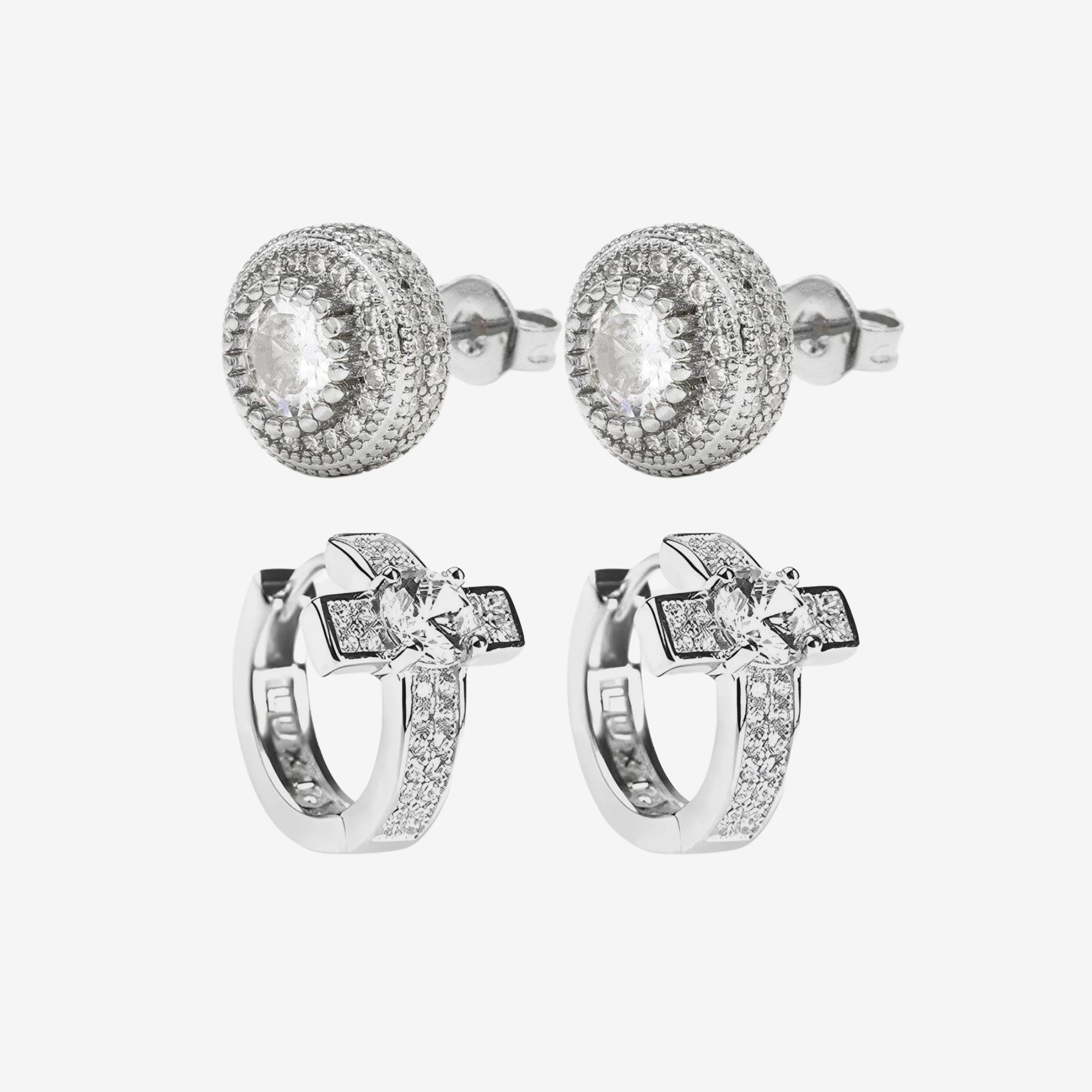 Hillenic Perfect Earrings Bundle, Set of Round Full Zircon Earrings + Cross Fianit Earrings