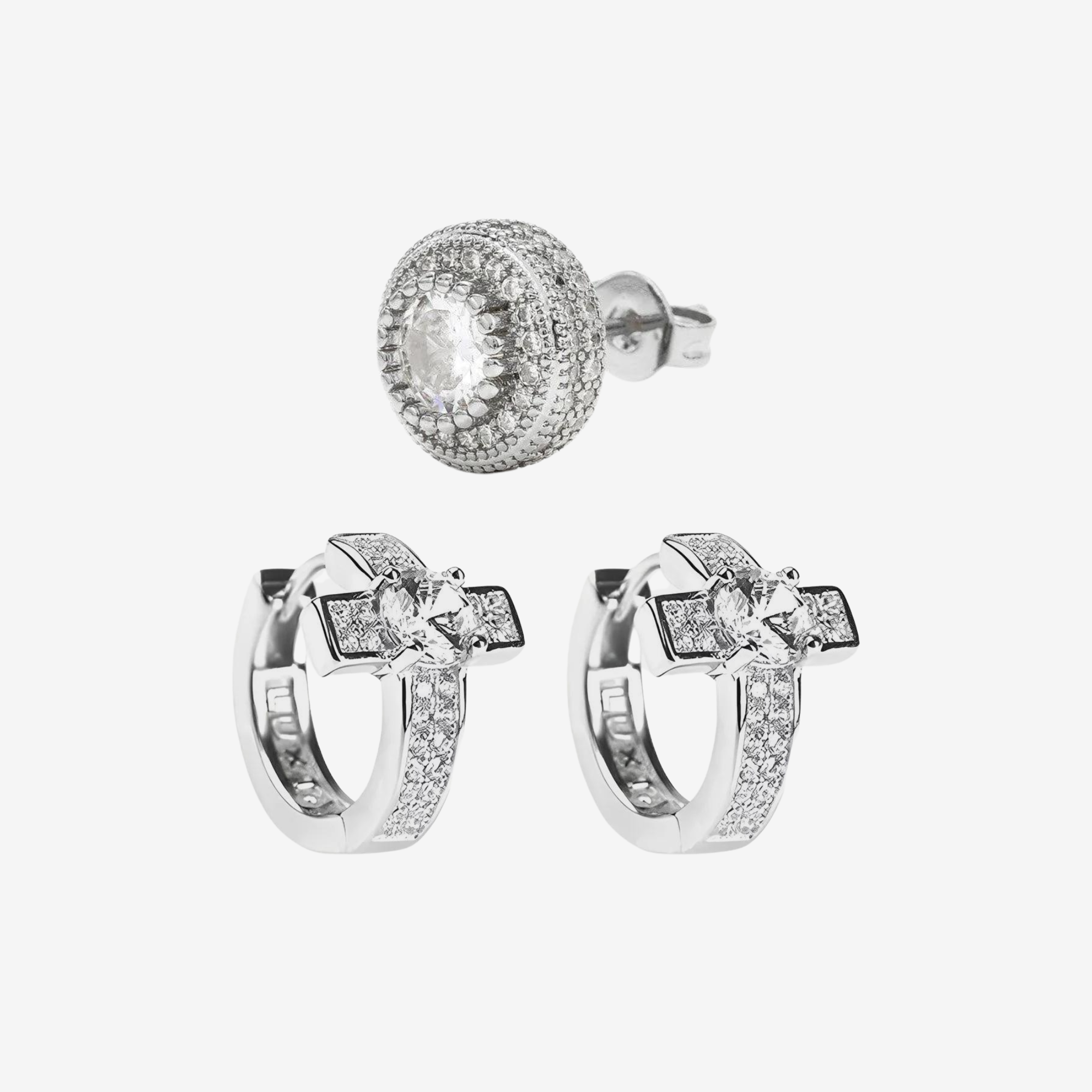 Hillenic Perfect Earrings Bundle, Single Round Full Zircon Earrings + Cross Fianit Earrings