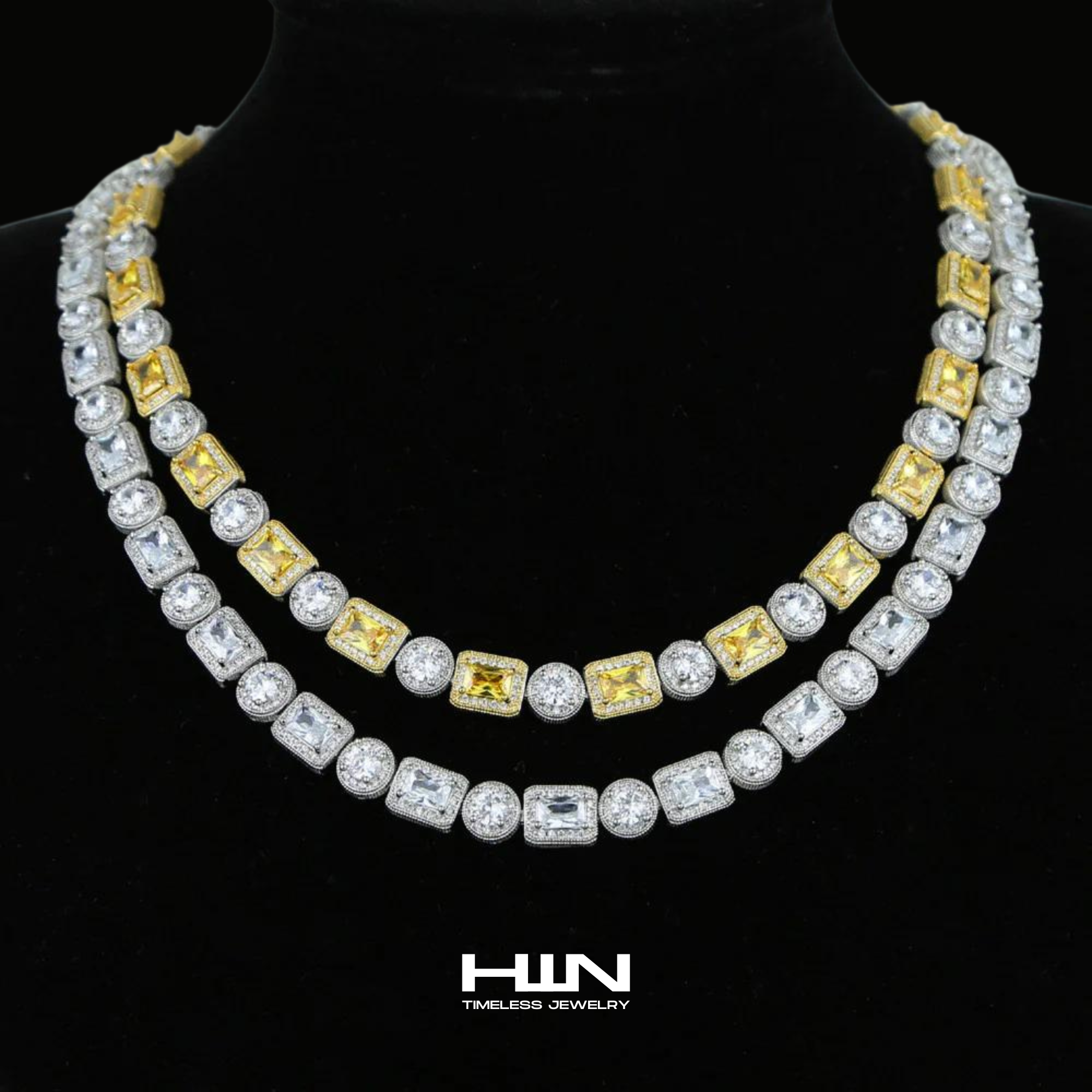 Hillenic Yellow and Silver Mixed Stone Pave Necklace on a mannequin 