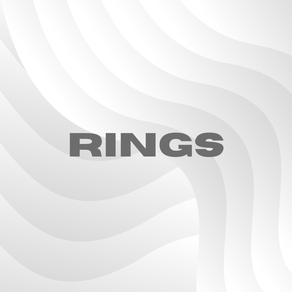 Hillenic rings collection banner, main image, grey text "RINGS" on custom white background. This collection contains cuban, baguette iced and unique and exclusive rings