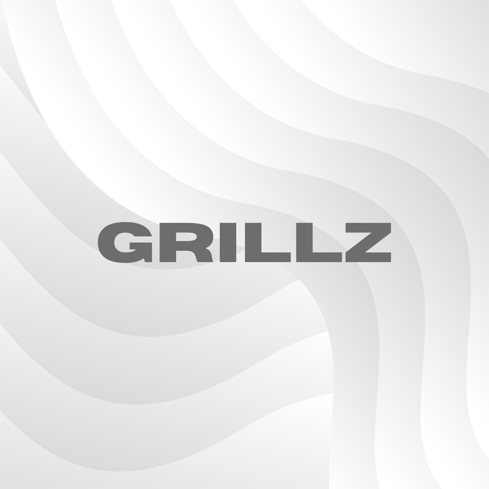 Hillenic grillz collection banner, main image, grey text "GRILLZ" on custom white background. This collection contains vampire grillz, classic grillz, iced grillz and metallic plain grillz and unique and exclusive grillz