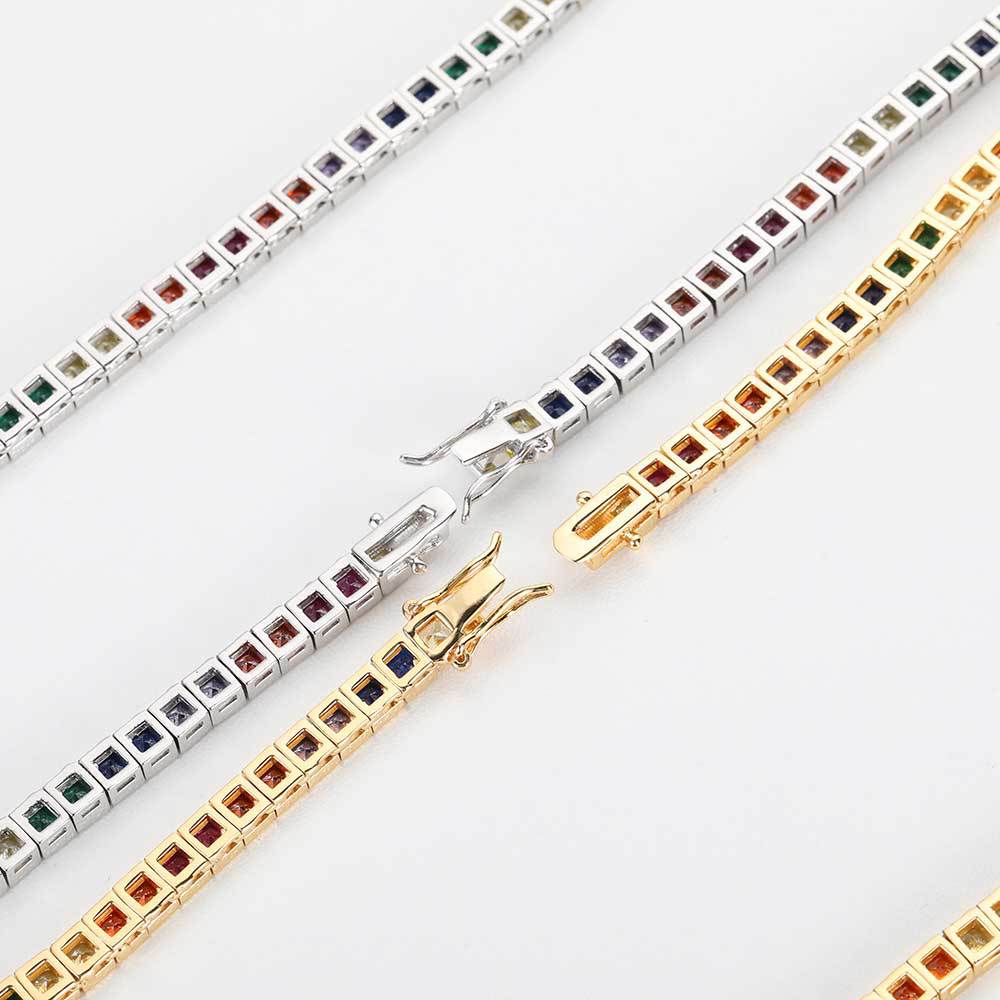 Hillenic Silver & Gold 4mm Square Rainbow Tennis Chain's Back Side of the  Clasps