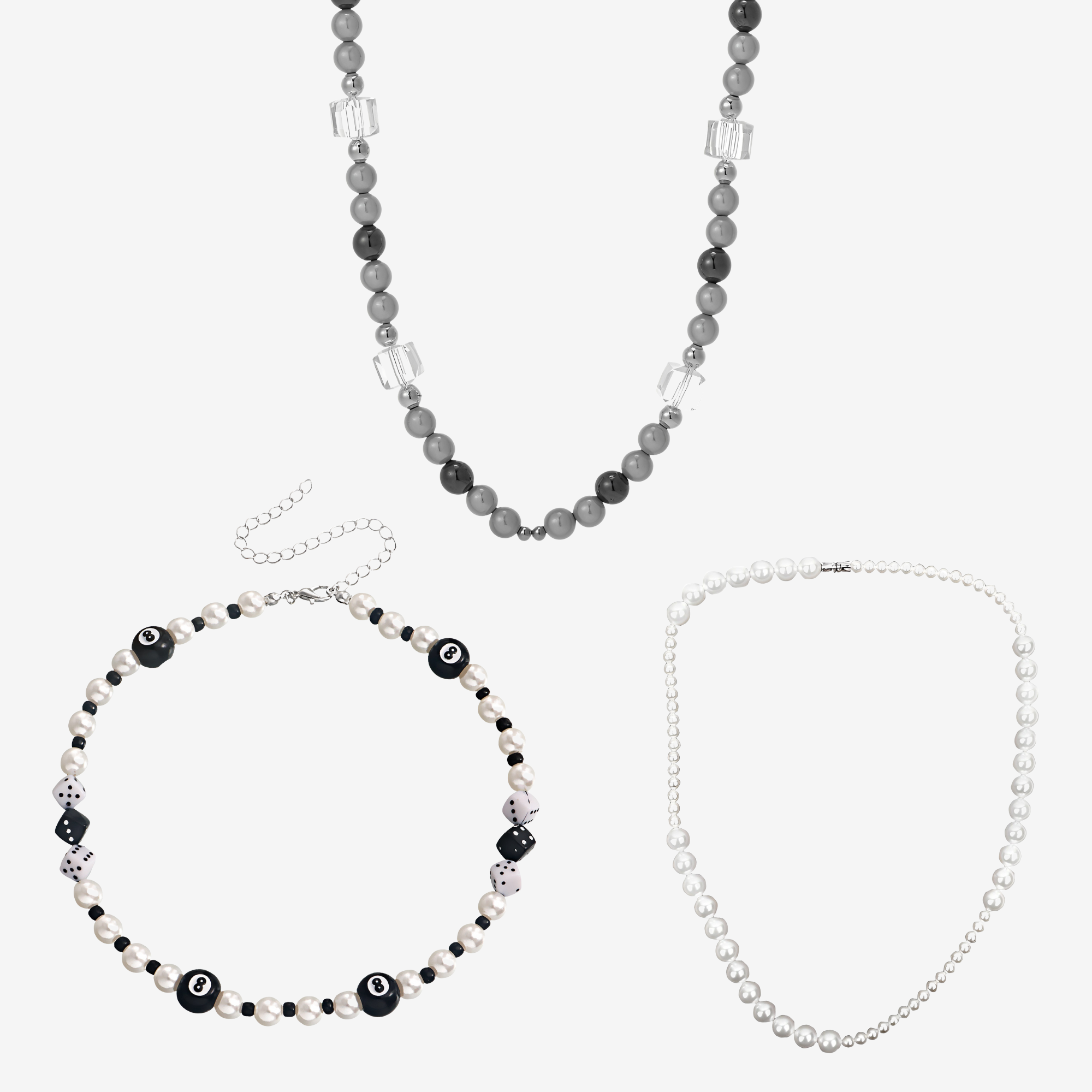Hillenic Ultimate Pearl Necklaces Bundle, Bundle includes: WIND CRYSTAL PEARL NECKLACE, New in DICE-BILLIARDS PEARL NECKLACE & ASYMMETRIC PEARL NECKLACE