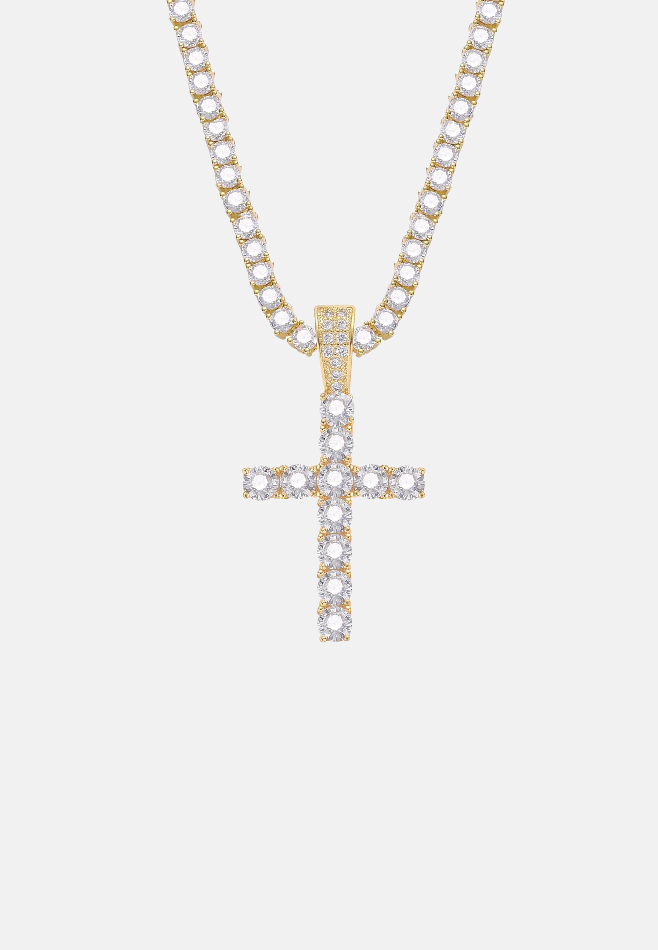Hillenic Gold Iced Tennis Cross Pendant with 4mm Tennis Chain