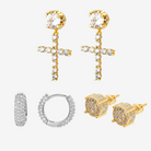 Hillenic Pin + Stud + Hoop Earrings Bundle, Silver Hoop, Gold Pin, Gold Cross Stud Earrings