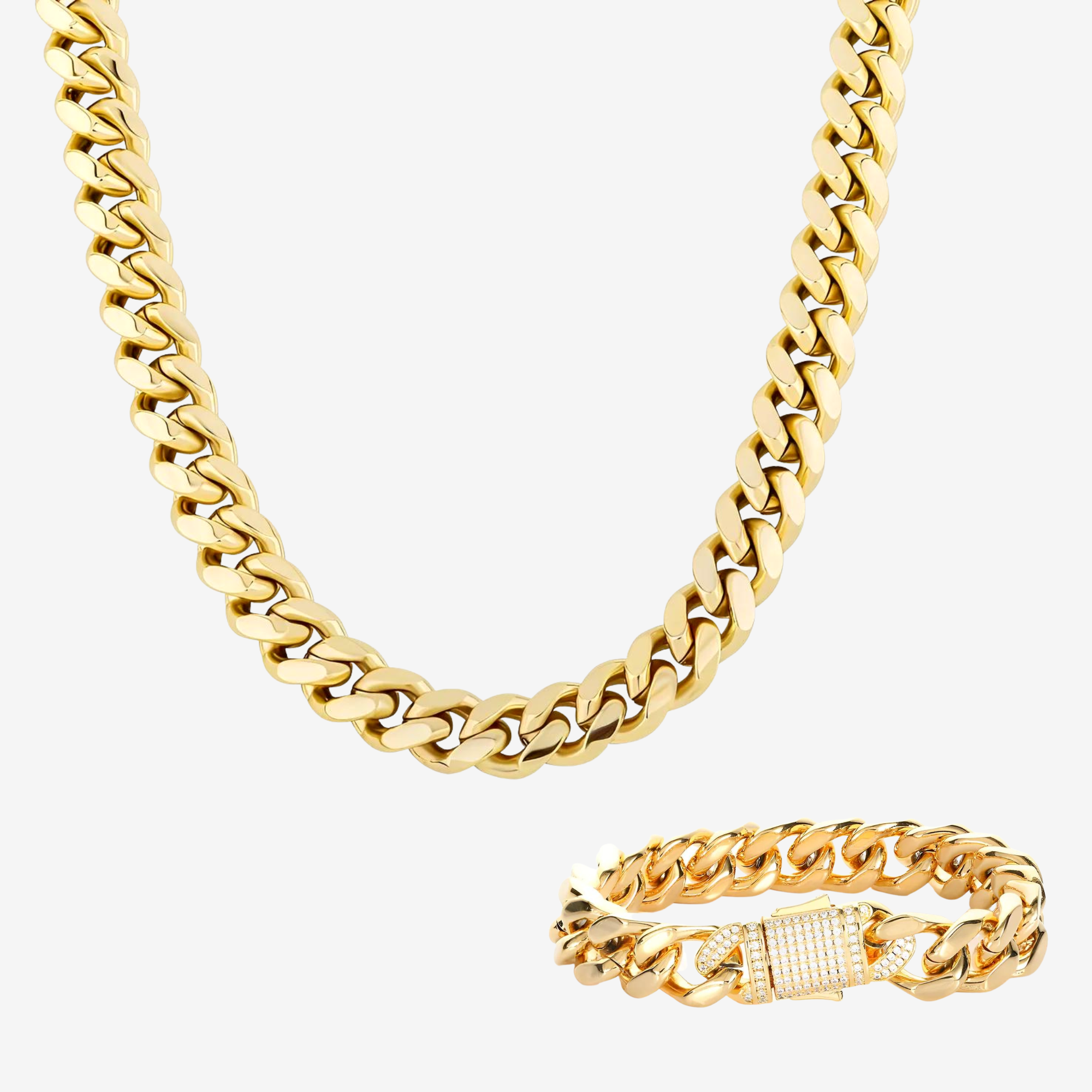 Hillenic Plain Gold Cuban Link Bundle, 14K gold Cuban link chain + 10mm stainless steel Cuban link bracelet