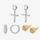 Hillenic Pin + Stud + Hoop Earrings Bundle, Silver Hoop, Gold Pin, Silver Cross Stud Earrings