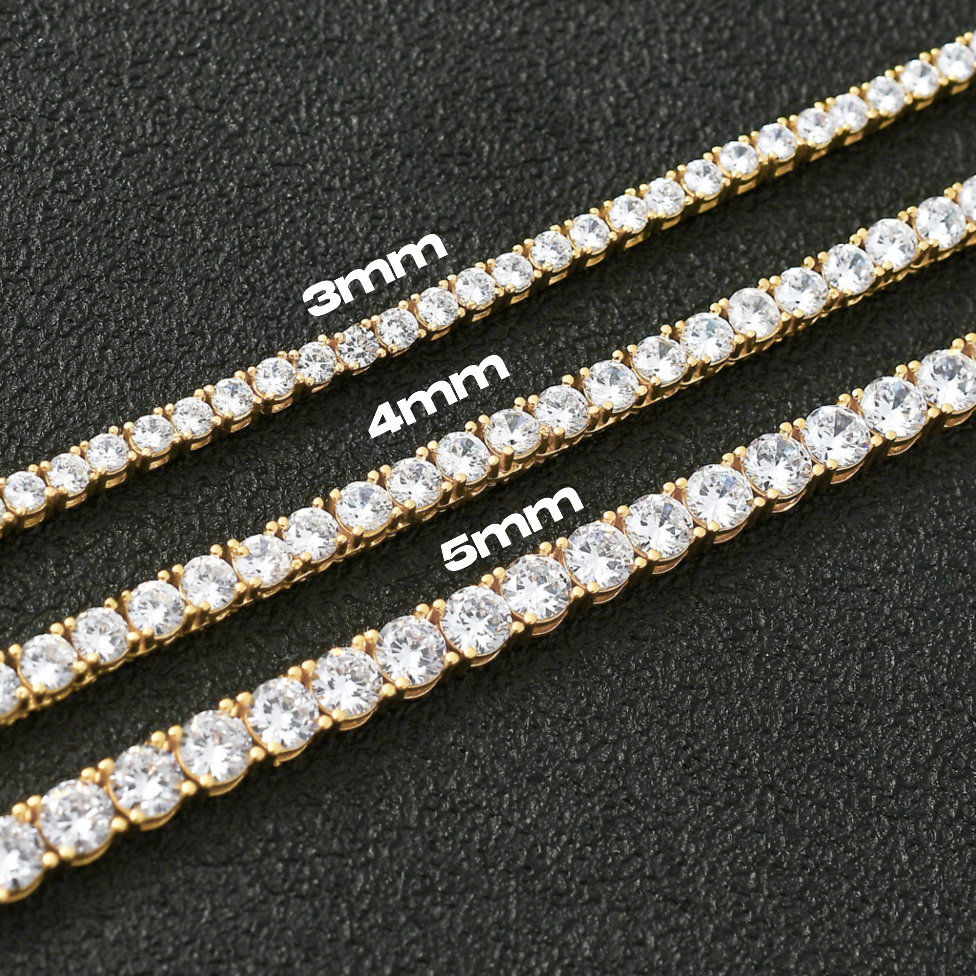 Hillenic Gold tennis chain & Gold Tennis Bracelet width comparison, 3mm, 4mm, 5mm