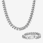 Hillenic Plain Silver Cuban Link Bundle, Silver Classic 14K Cuban Link Chain + Silver 10mm Stainless Steel Classic Cuban Link Bracelet.