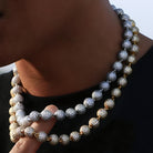 Hillenic 18K Gold & Silver Iced Bead Chain on a men, photoset for Hillenic, men's neck with 2 iced bead chains from Hillenic