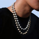 Hillenic 18K Gold & Silver Iced Bead Chain on a men, photoset for Hillenic, second view of men's neck with 2 iced bead chains from Hillenic